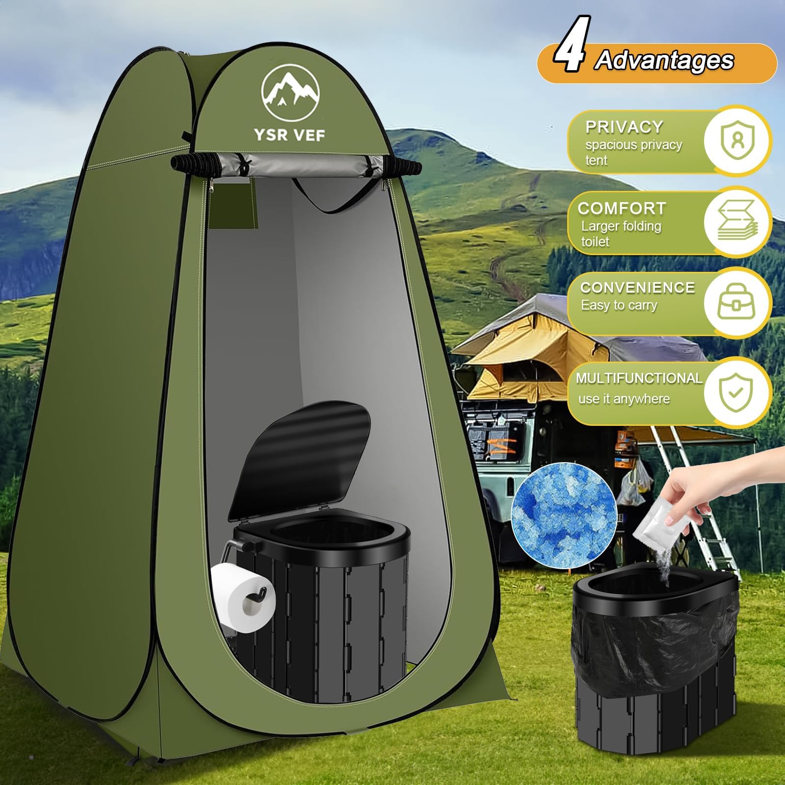 YSR VEF pop-up privacy tent set up for camping toilet or changing room.