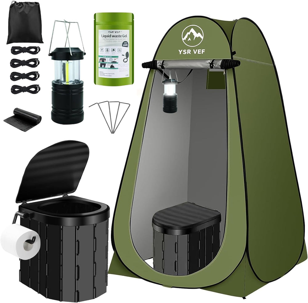 YSR VEF Portable Camping Toilet Kit folded into a compact backpack for easy carry.