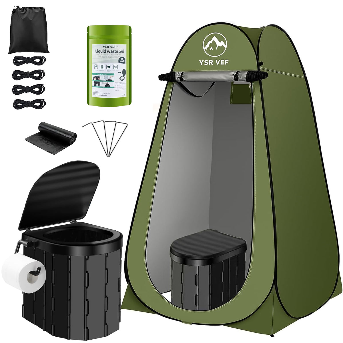 YSR VEF portable toilet kit assembled for quick setup and privacy.