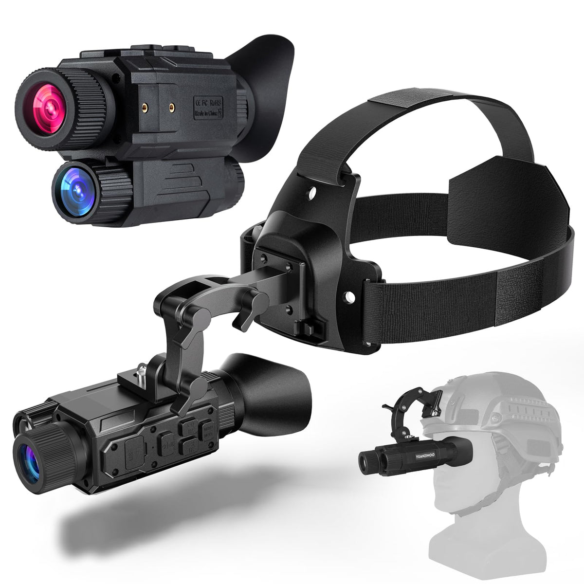 YUANZIMOO head-mounted night vision monocular front view for hands-free observation
