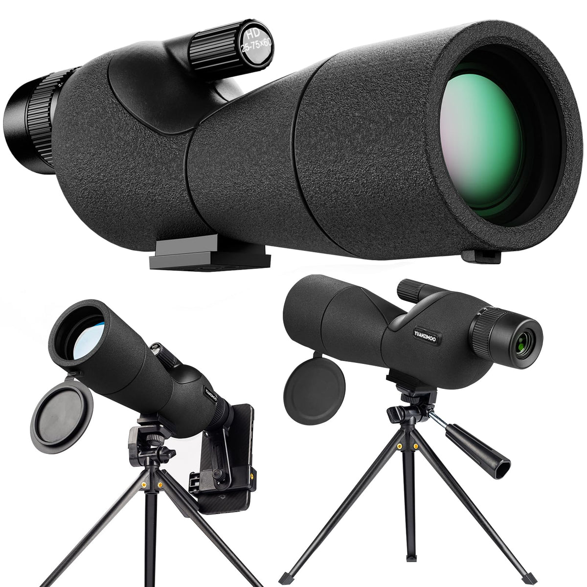 YUANZIMOO spotting scope with 25-75x60 zoom for detailed distant viewing.