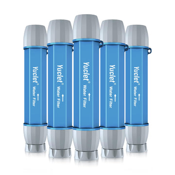 Yuclet 5-pack water filter straw package for preparedness and easy hydration on adventures.