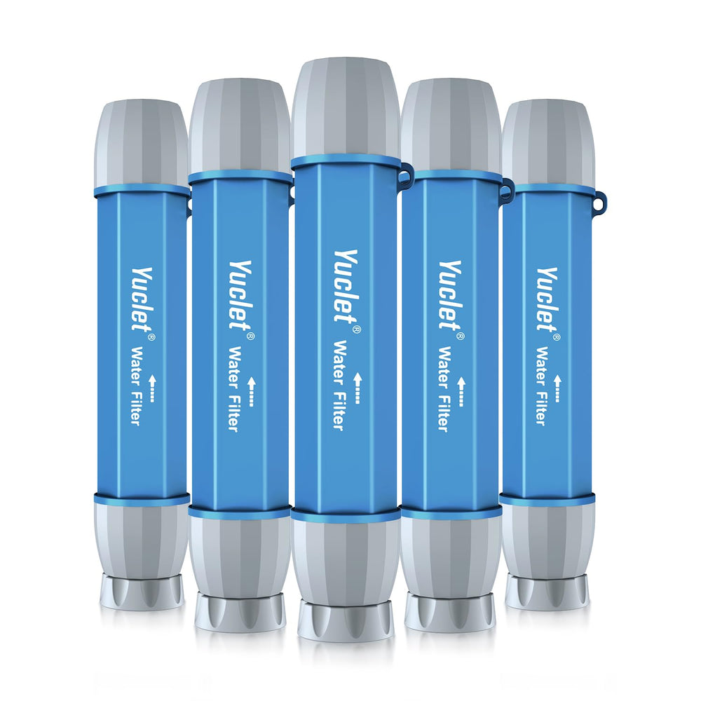 Yuclet 5-pack water filter straw package for preparedness and easy hydration on adventures.