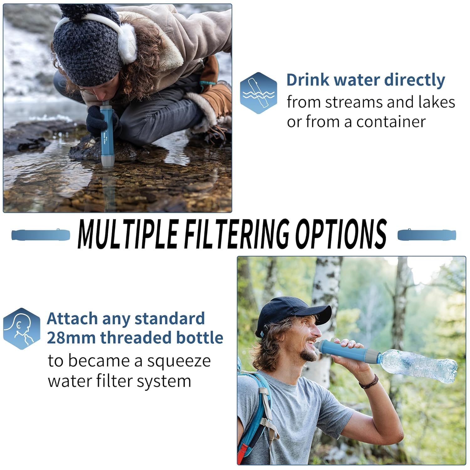 Yuclet straw in hiking scene shows portable hydration during remote treks.