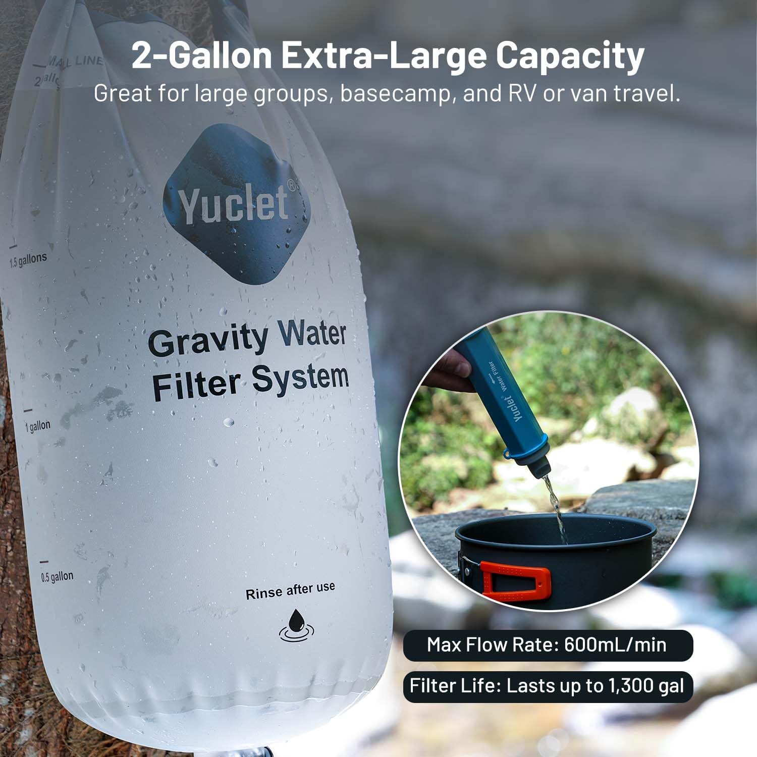 Yuclet water filter straw in use for direct-from-source drinking.