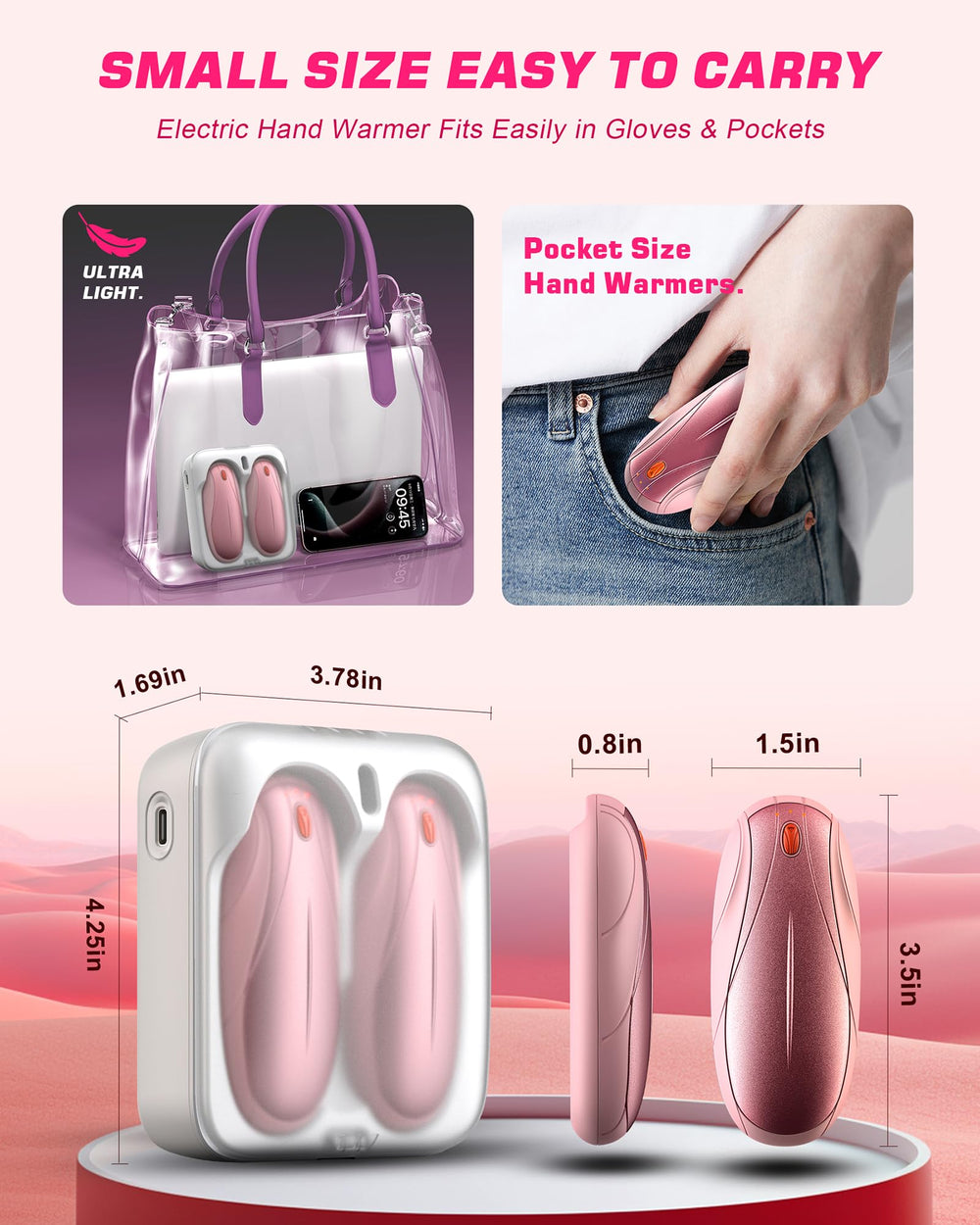 Yuegit pink hand warmers use aviation-grade heater for reliable outdoor warmth.