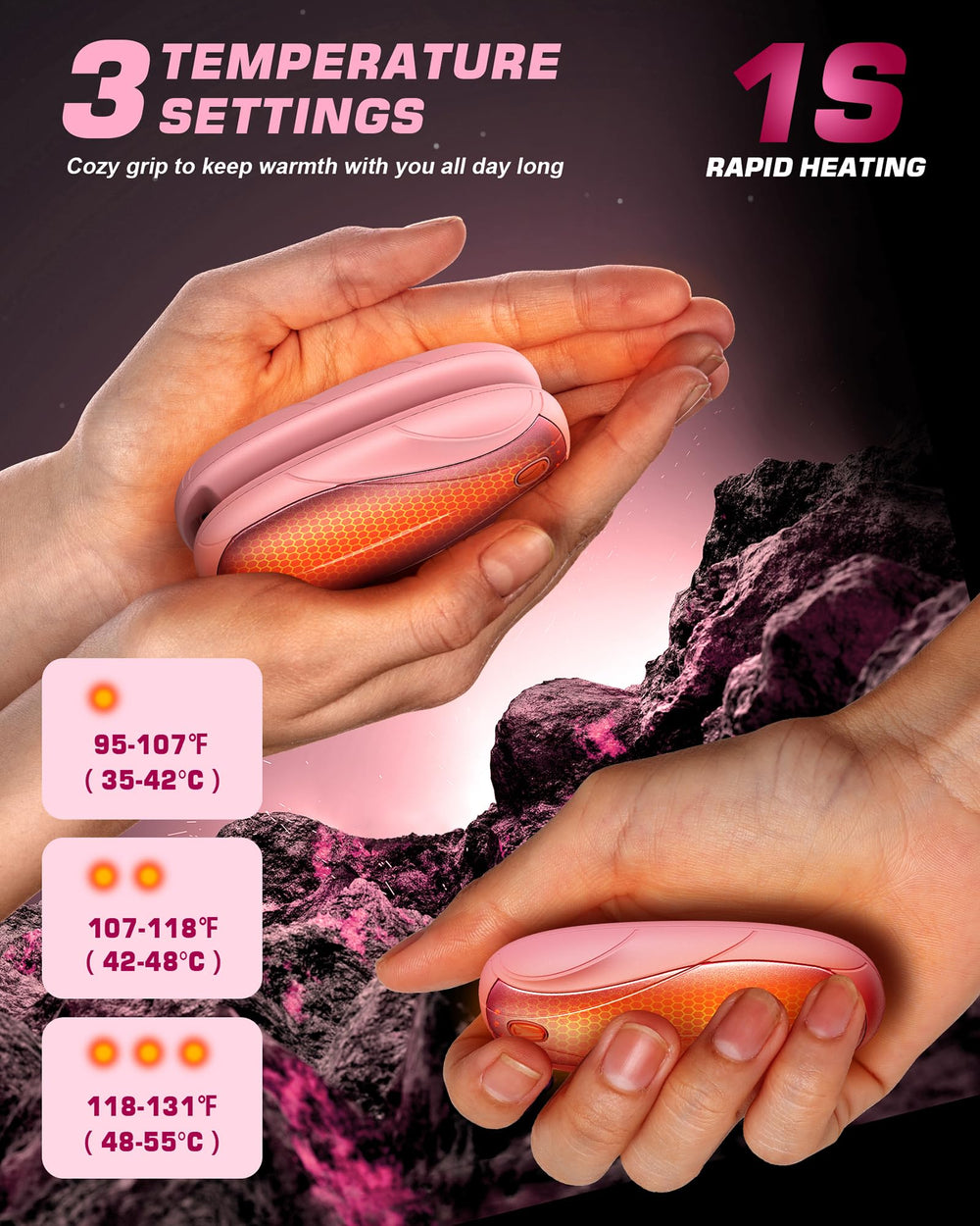 Yuegit pink hand warmers with rapid heat in 2 seconds for instant comfort.