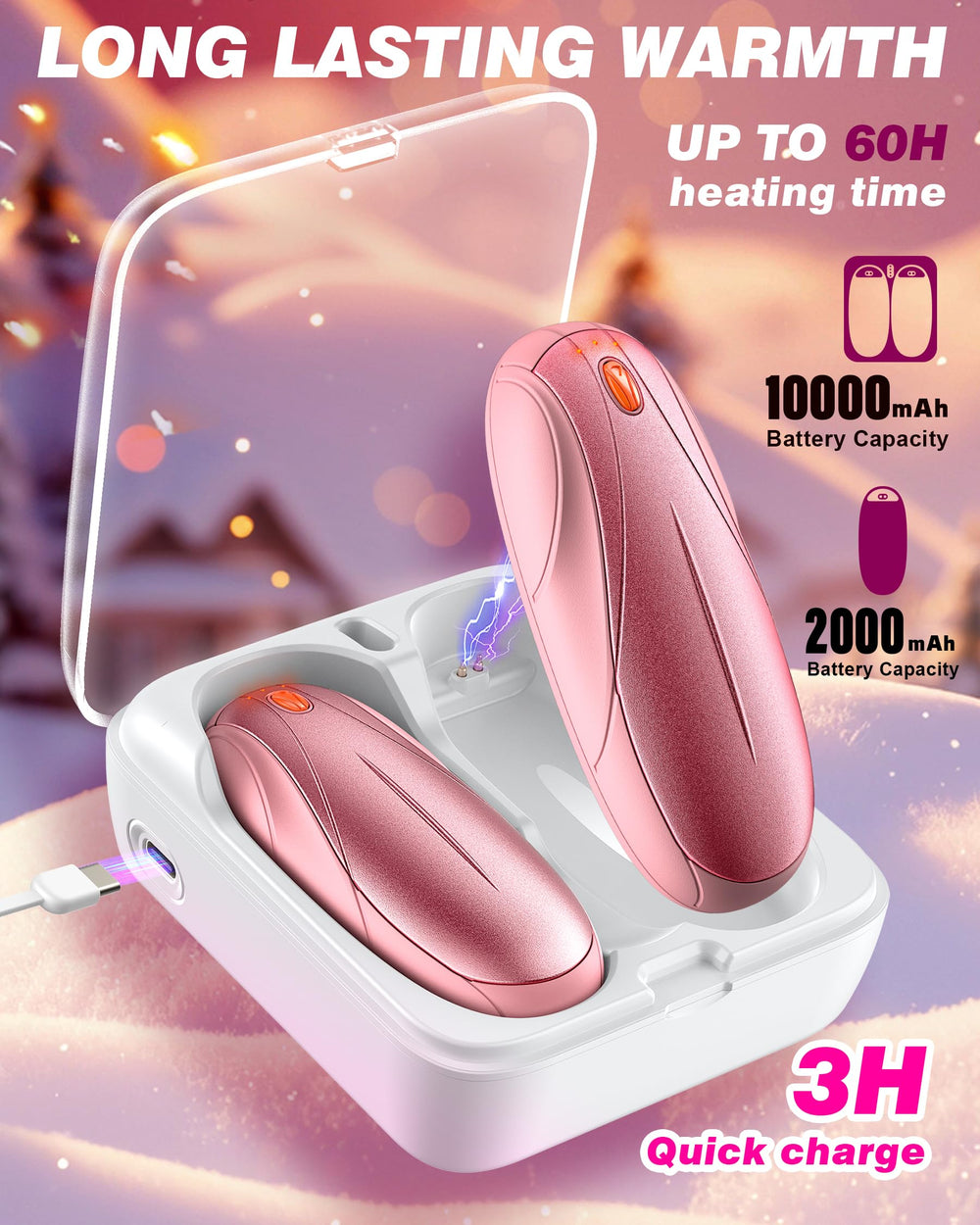 Yuegit pink two-pack hand warmers shown, ideal for on-the-go winter warmth.
