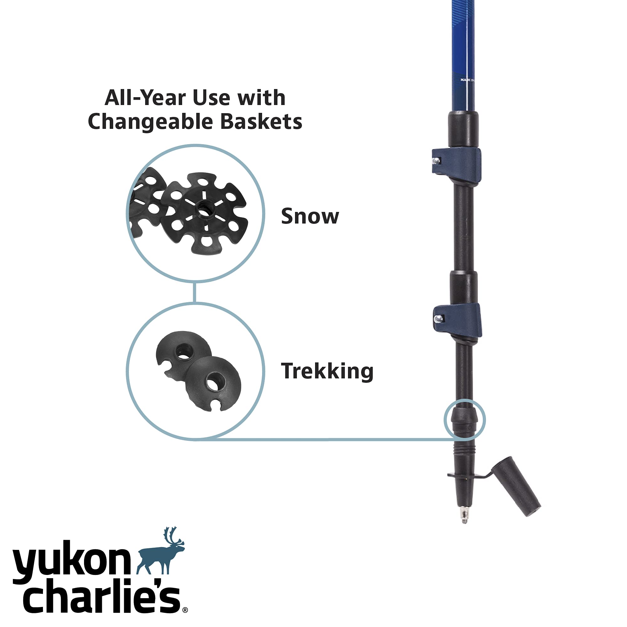 Yukon Charlie's poles feature ergonomic EVA grips for comfortable hours on trail.