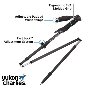 Yukon Charlie's Carbon Lite poles with ergonomic EVA grip for comfortable pole plants.