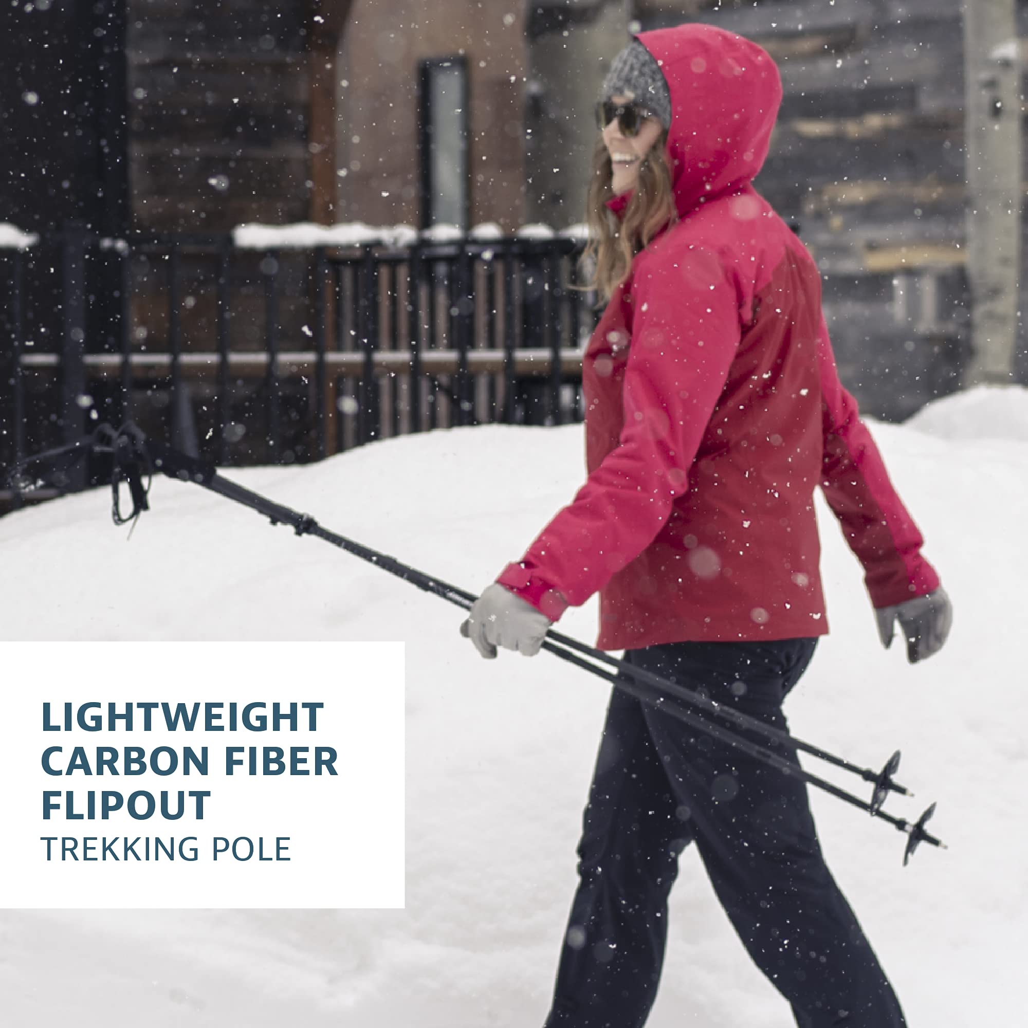 Yukon Charlie's Carbon Lite Flip Out poles fully extended to 135 cm for tall hikers.