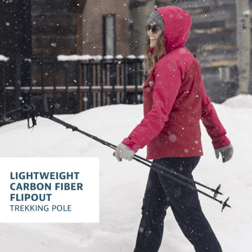 Yukon Charlie's Carbon Lite Flip Out poles fully extended to 135 cm for tall hikers.
