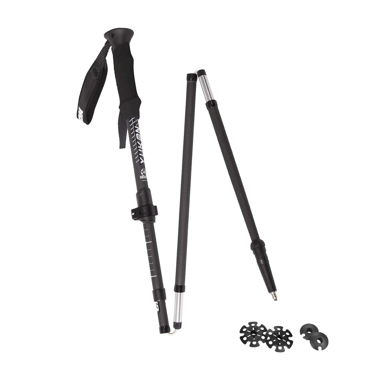 Yukon Charlie's Carbon Lite Flip Out poles folded compactly for easy backpack carry.