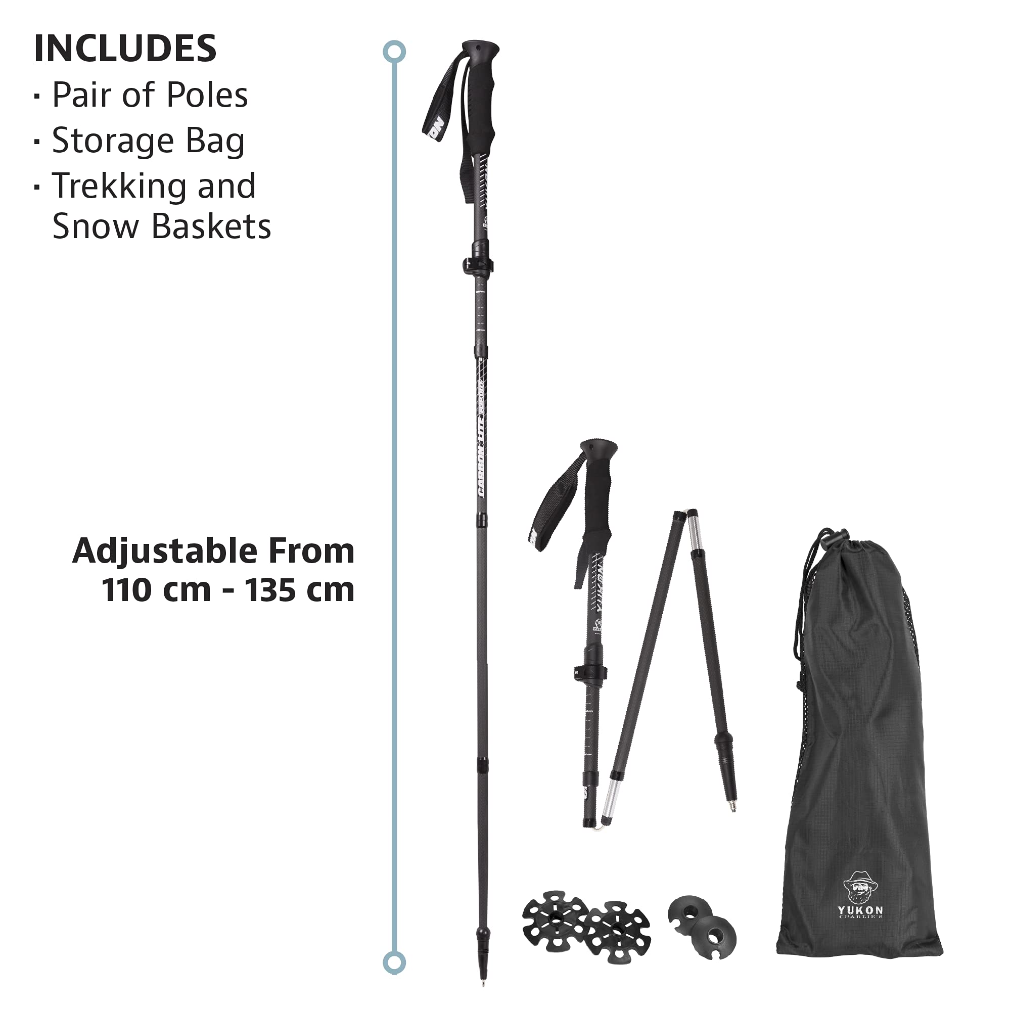 Yukon Charlie's Carbon Lite snow basket included for winter trekking.