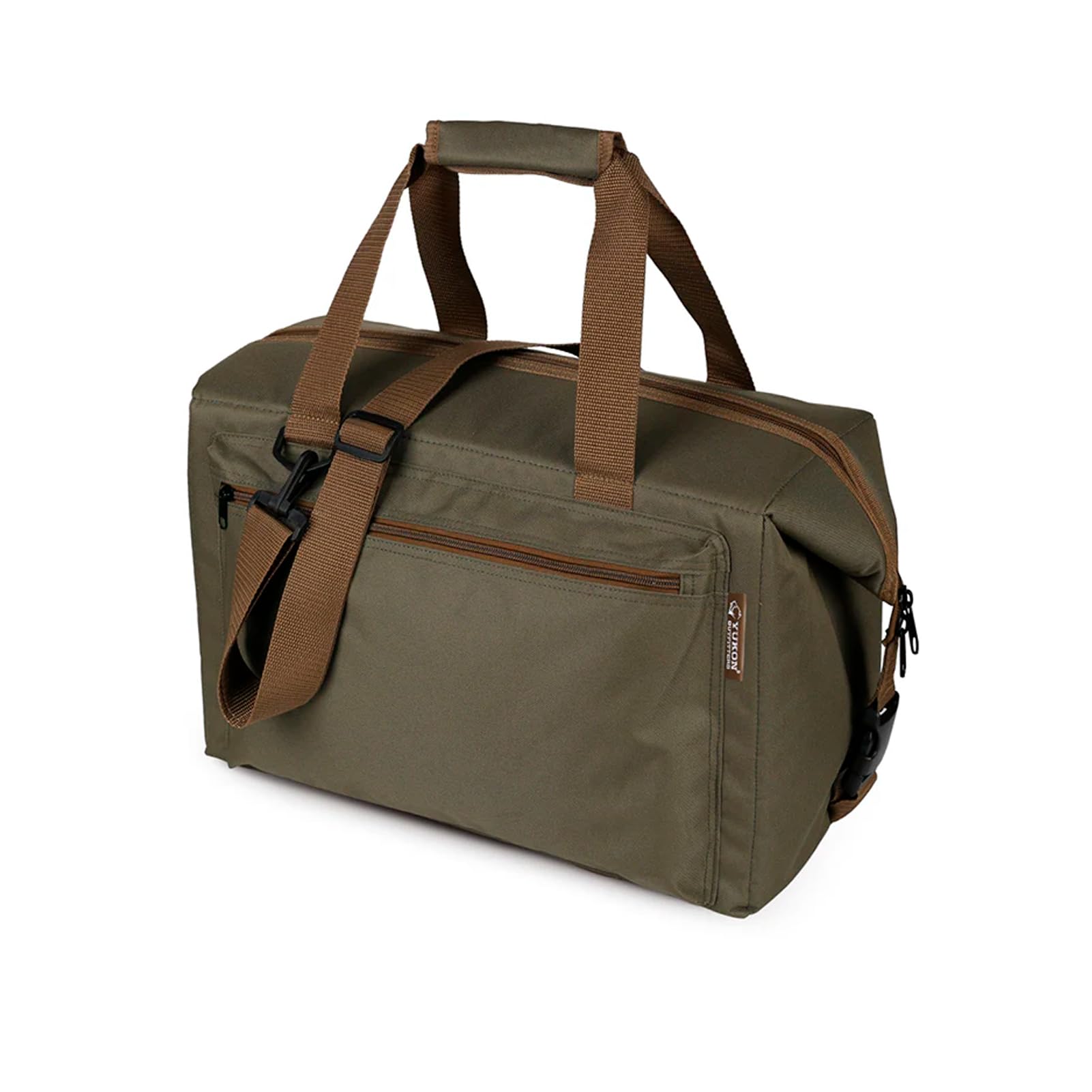 Yukon Outfitters 24-can cooler bag showing welded leakproof liner for spill-free transport.