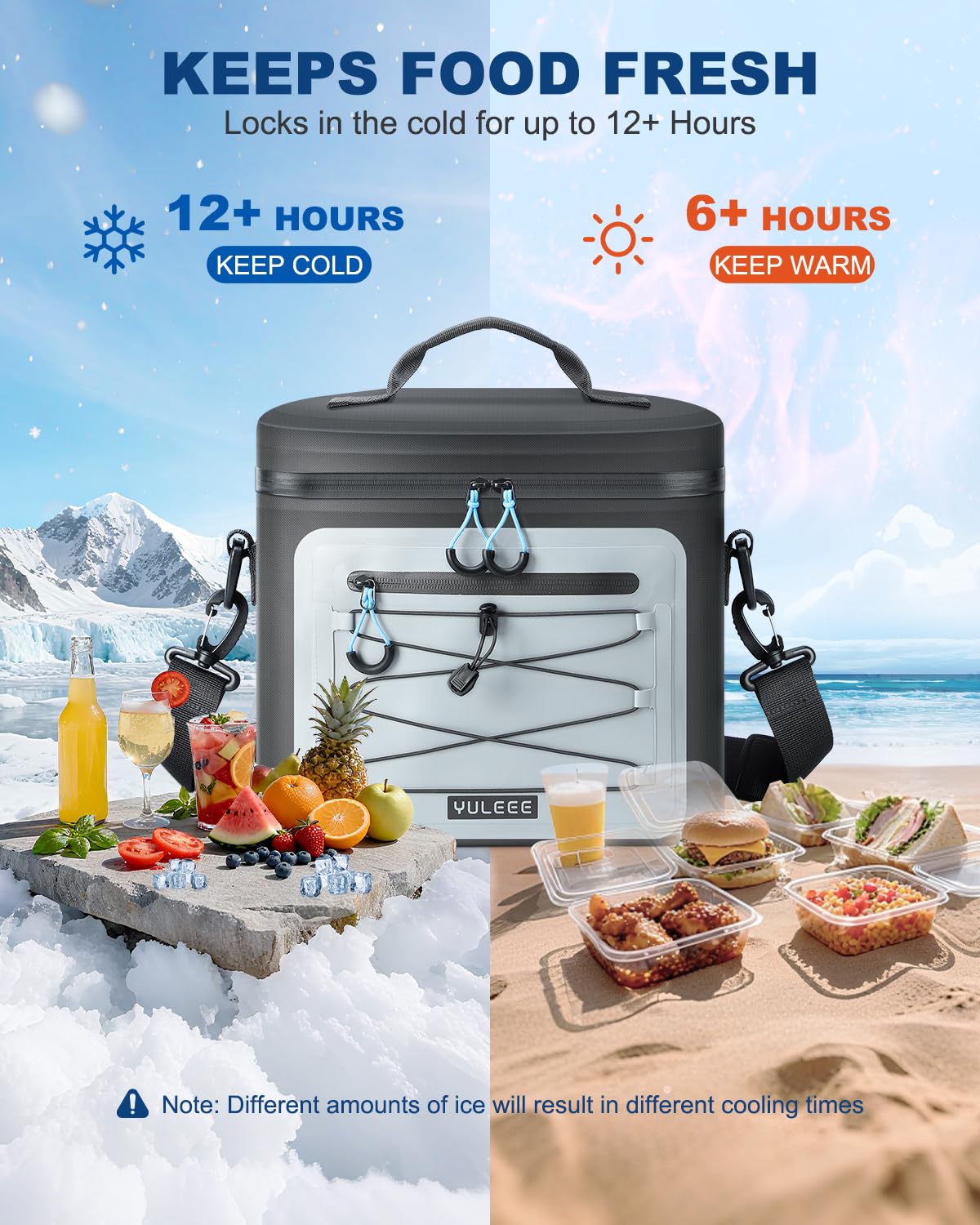 YULEEE cooler bag leakproof zipper keeps contents dry during beach trips and outdoor adventures.