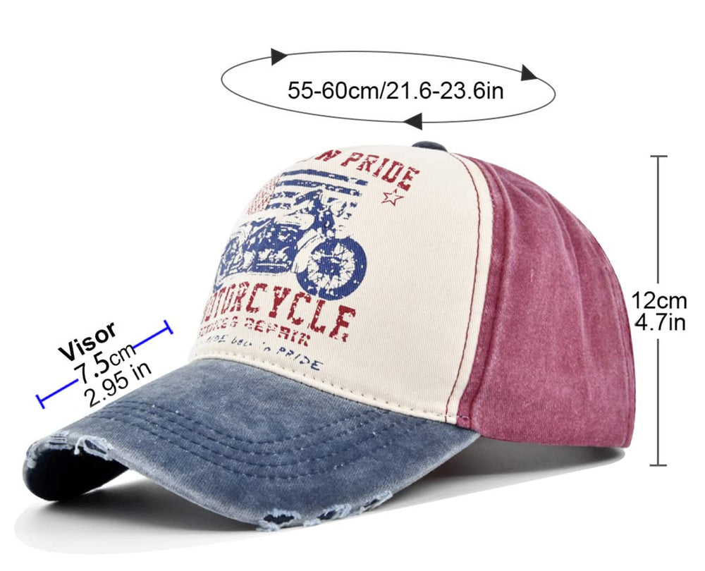 YULOONG Vintage Denim Cap side view highlights motorcycle pattern for casual street style