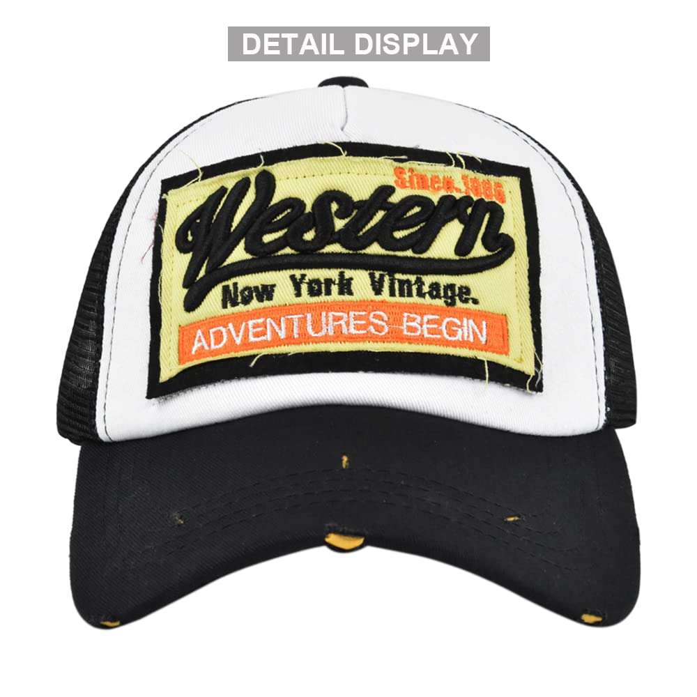 YULOONG Washed Denim Trucker Cap embroidery detail with Western pattern