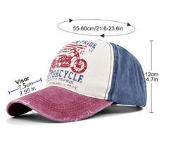YULOONG washed denim cap featuring motorcycle pattern for outdoor adventures.