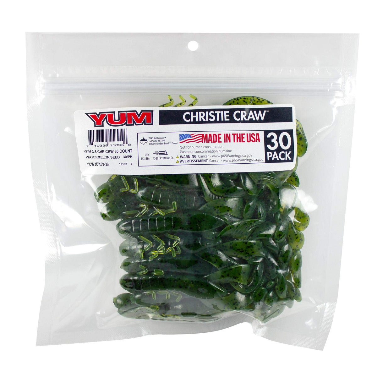 YUM Christie Craw Watermelon Seed 3.5-inch bait with thump for bass jig trailers.