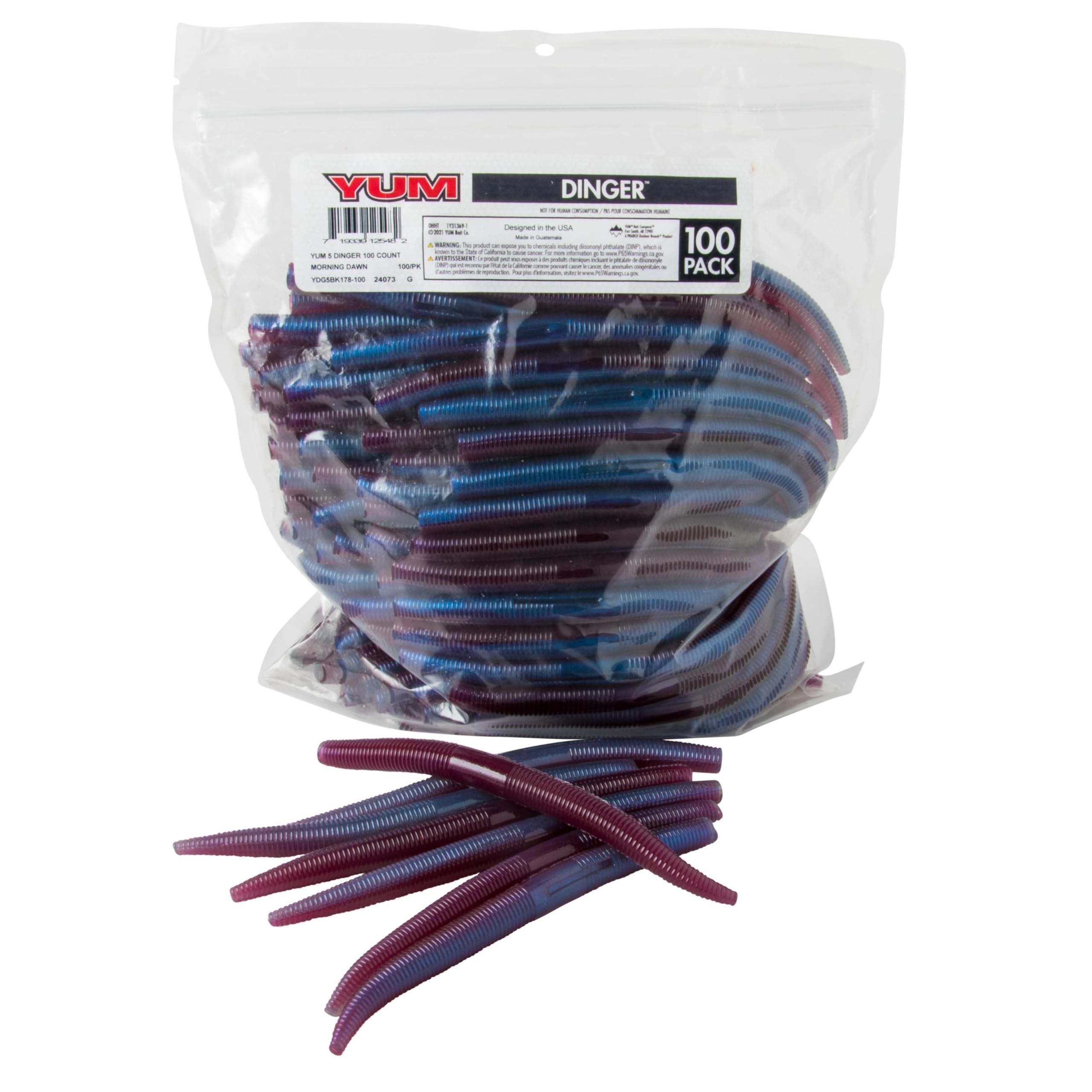 YUM Dinger bulk 100-pack Morning Dawn 5in shown for versatile bass fishing