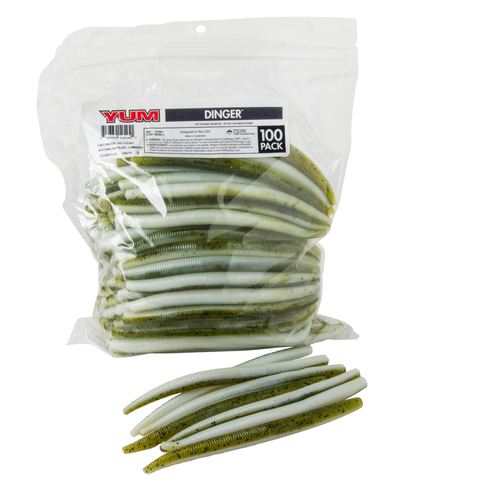 YUM Dinger bulk 100-pack Watermelon/Pearl Laminate offers versatile rigging for bass anglers.