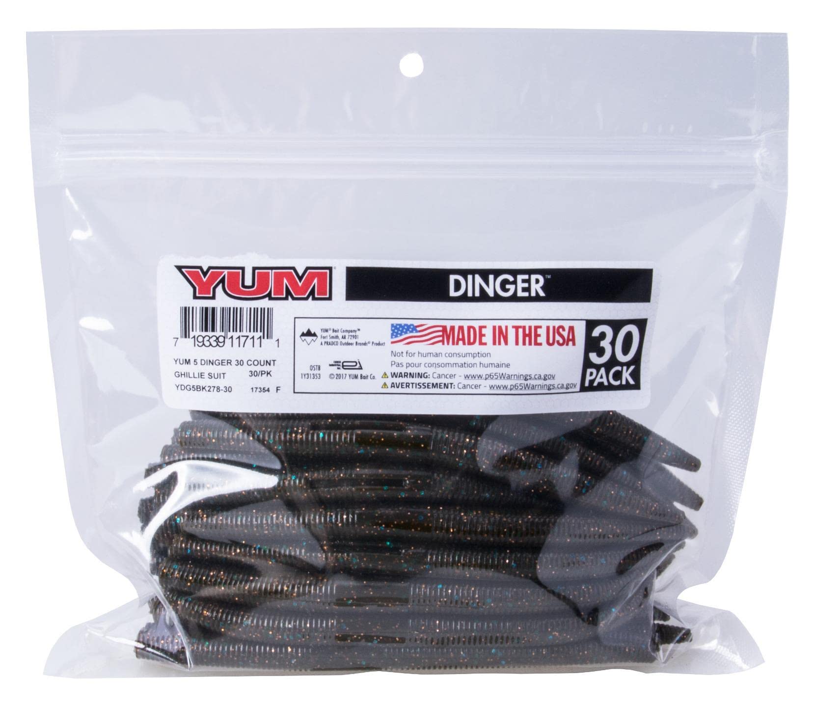 Yum Lures Dinger 5in ghillie bulk, packaging image, easy prep and quick setup.