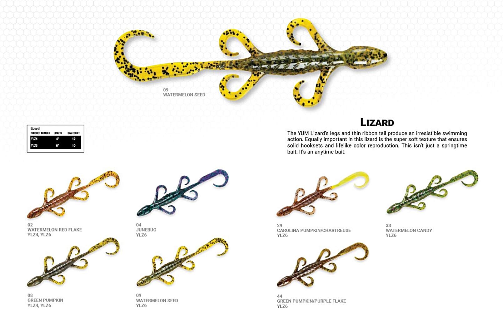 Yum Lures Lizard 6'' Watermelon Seed swim-bait showing long tail for increased water displacement.