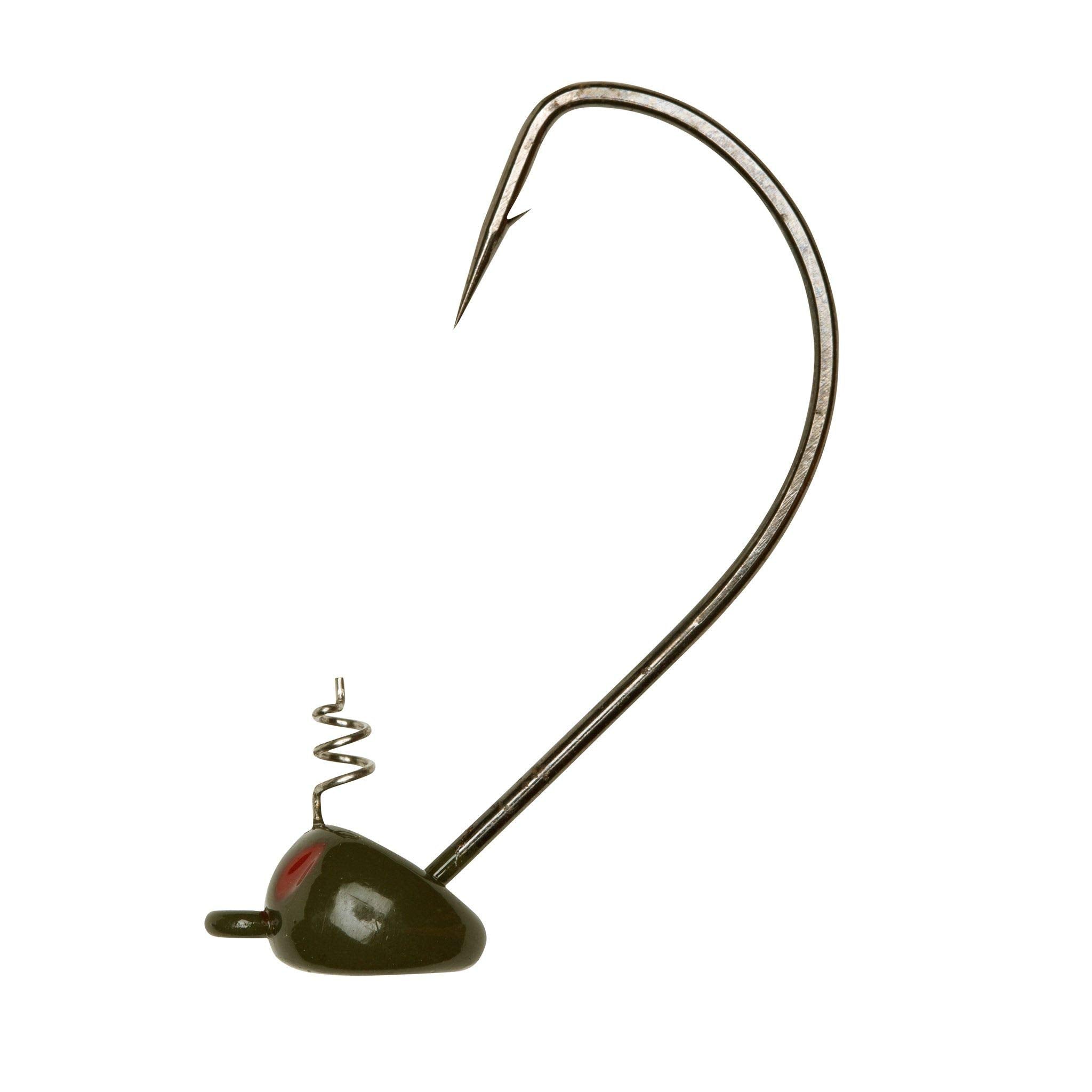 Yum Lures Pumpkin Ed Jig Head 3/0 green, top view showing vertical stand-up presentation.