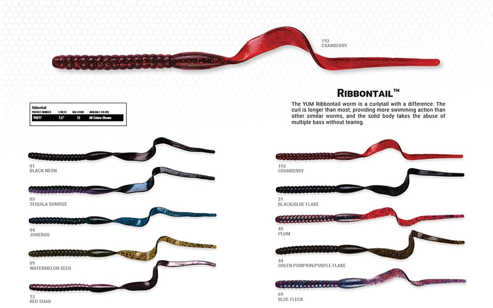 Yum Lures Ribbontail Worm Tequila Sunrise durable body stands up to bass bites.