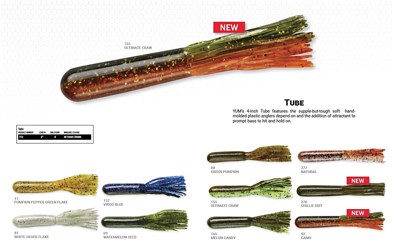 Yum Lures YT4165 Melon Candy tube bait demonstrates durable soft plastic and attractant for crappie and bass.