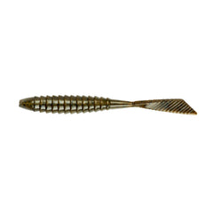 Yum Lures Warn Shot green pumpkin with ribbed body ready for finesse bass fishing in clear water.