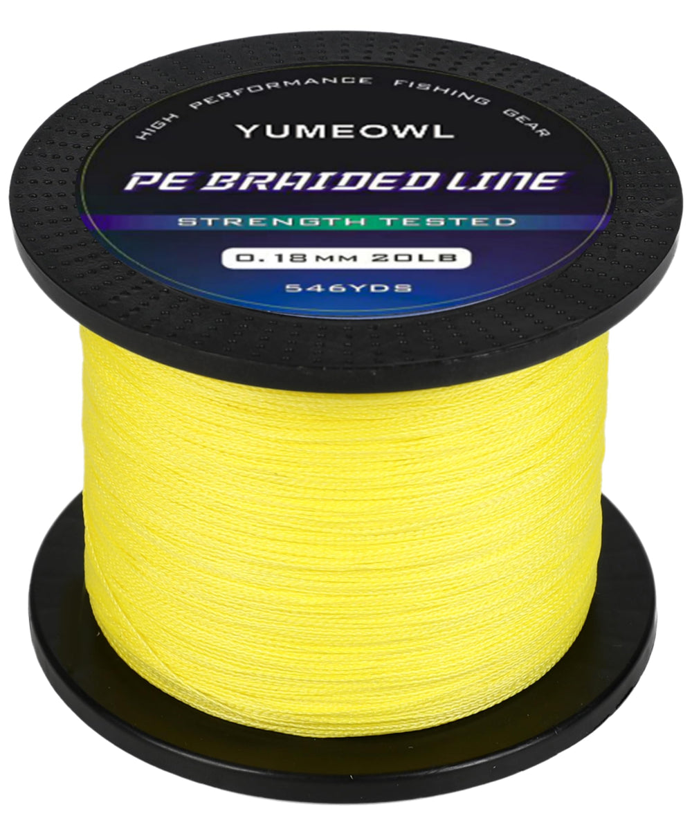 YUMEOWL thinner braided line yellow spool, showcasing four- and eight-strand construction for strength.