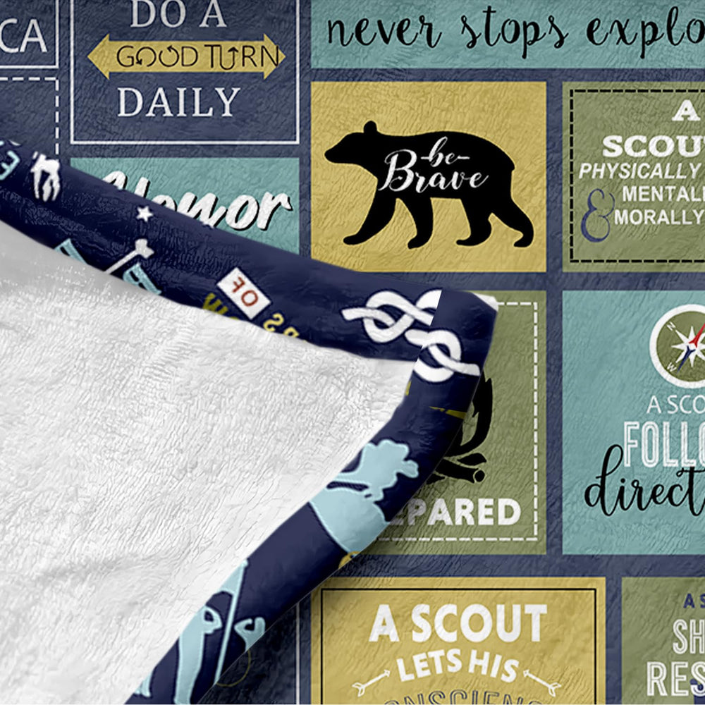 YunTu Scouts fleece blanket knots and Scout Law design invites family camping.