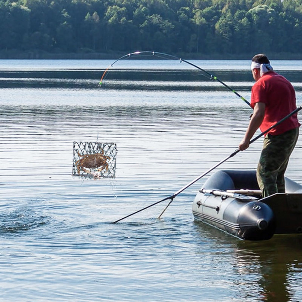 Yuqutum crabtrap folded compactly beside tackle bag for transport.