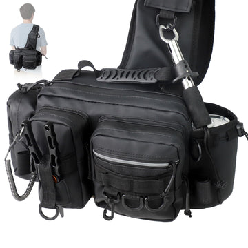 Front view of Yuzhiyuan Multi-Carry Fishing Fanny Pack showcasing 4-way carry system