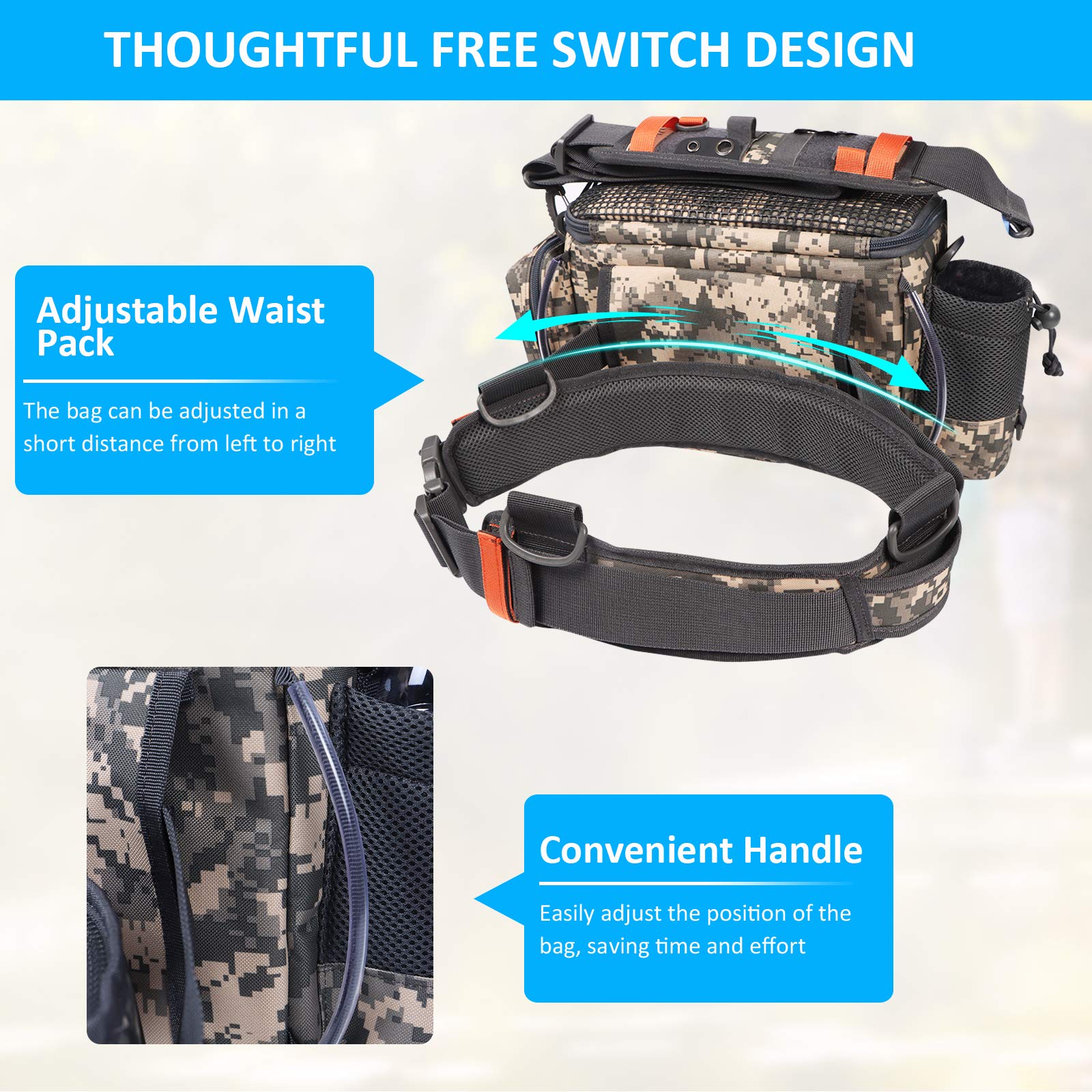 YVLEEN Sling fishing tackle bag four zippered pockets for gear segregation.