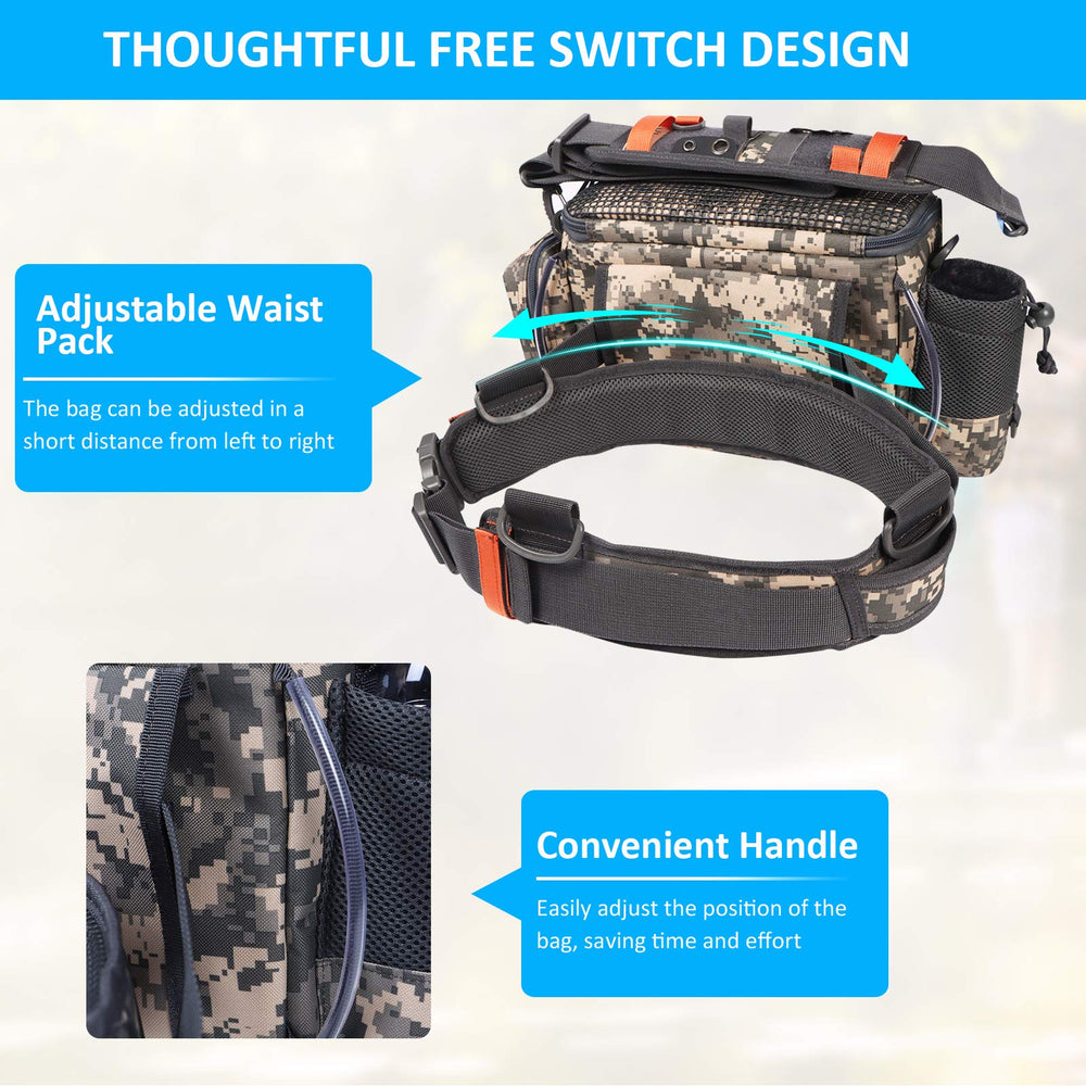 YVLEEN Sling fishing tackle bag four zippered pockets for gear segregation.