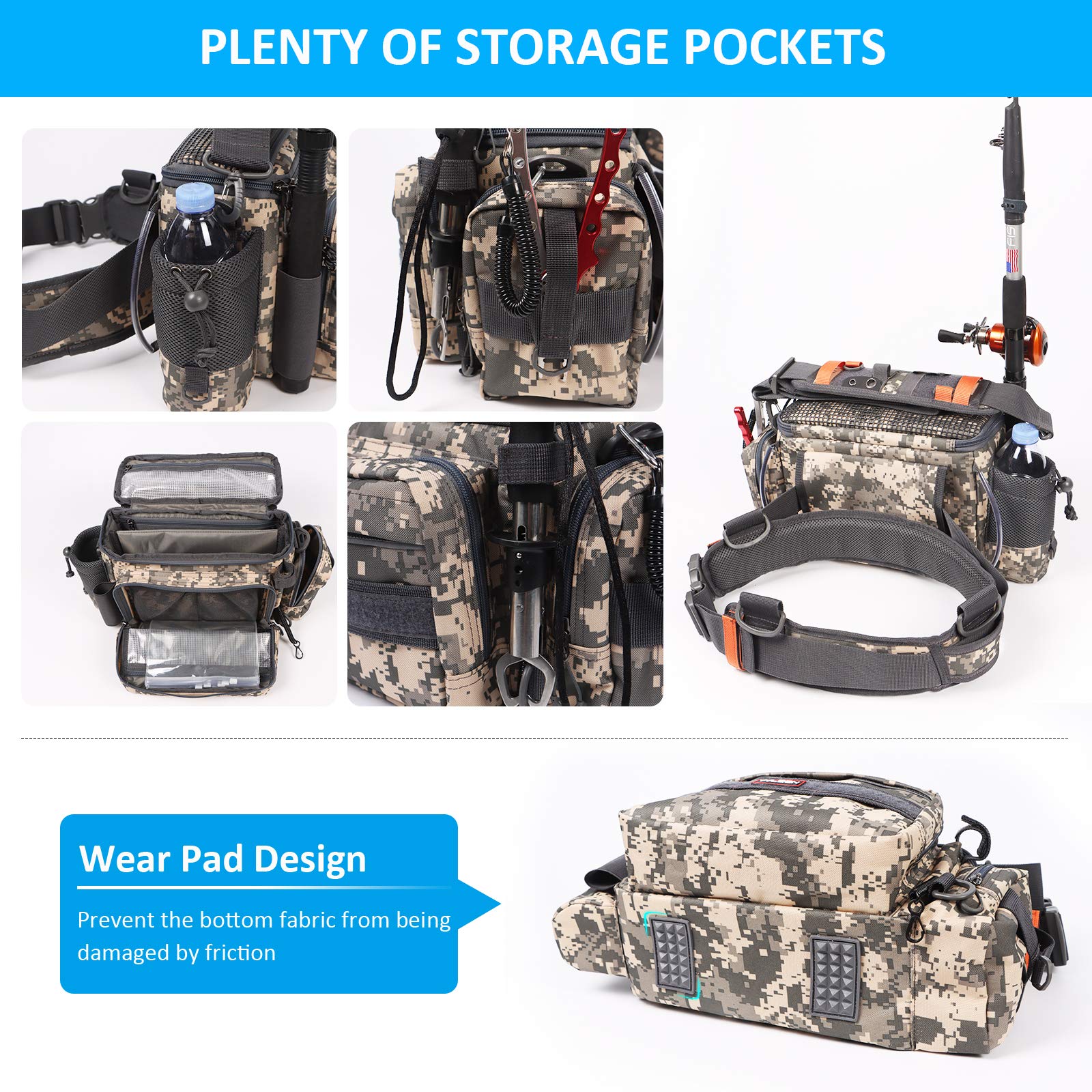 YVLEEN Sling fishing tackle bag left pocket for tools keeps small items easily accessible.