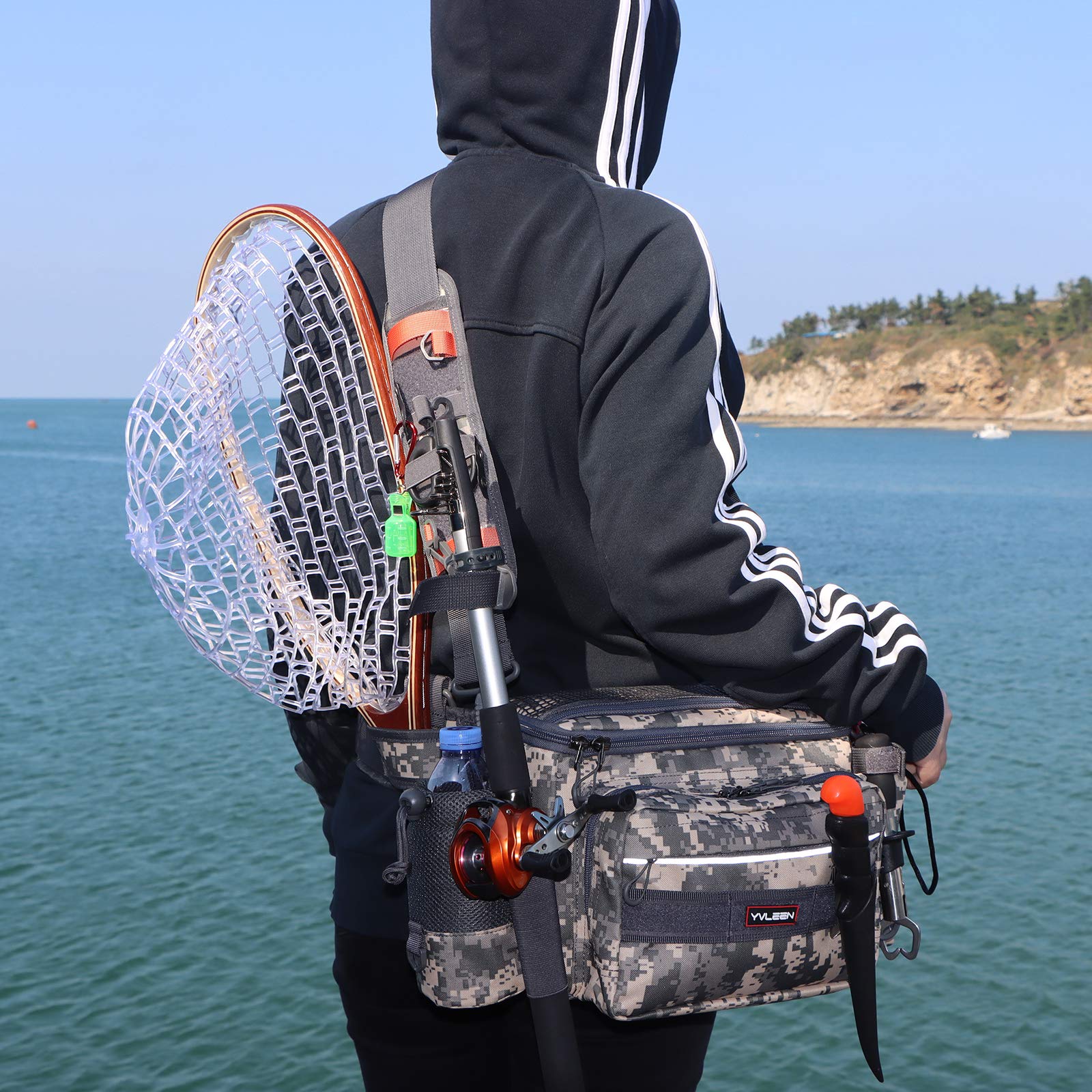 YVLEEN Sling fishing tackle bag two compartments with removable board for organization.