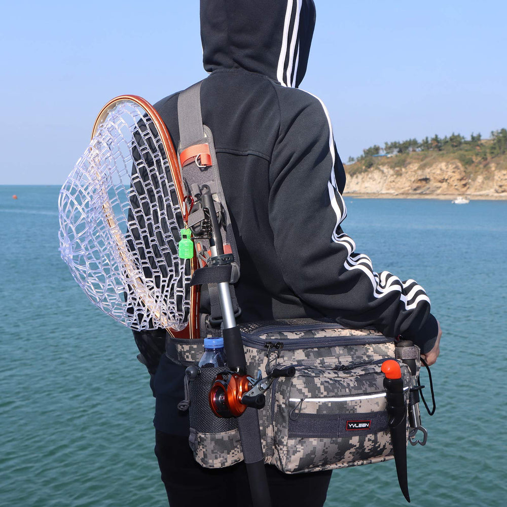 YVLEEN Sling fishing tackle bag two compartments with removable board for organization.