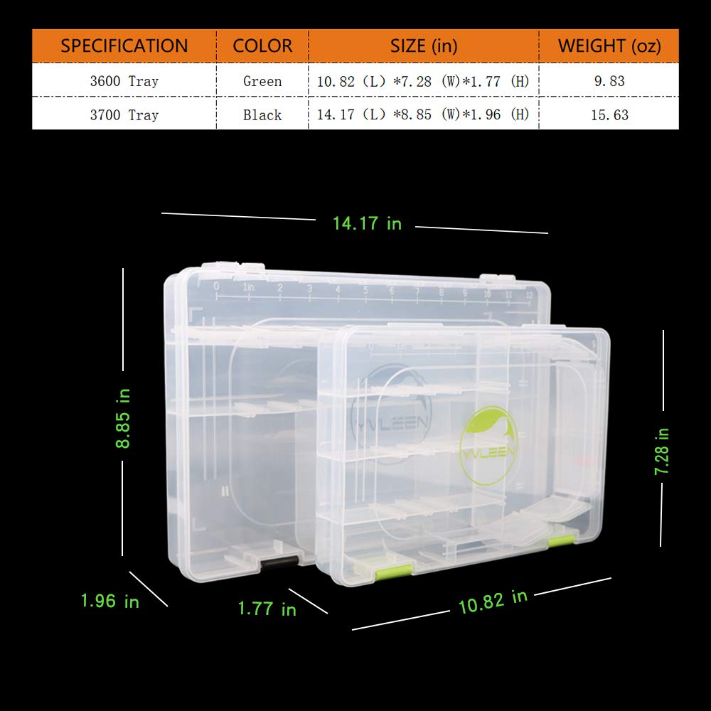 Clear plastic tackle box with lures and dividers visible
