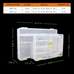 Clear plastic tackle box with lures and dividers visible