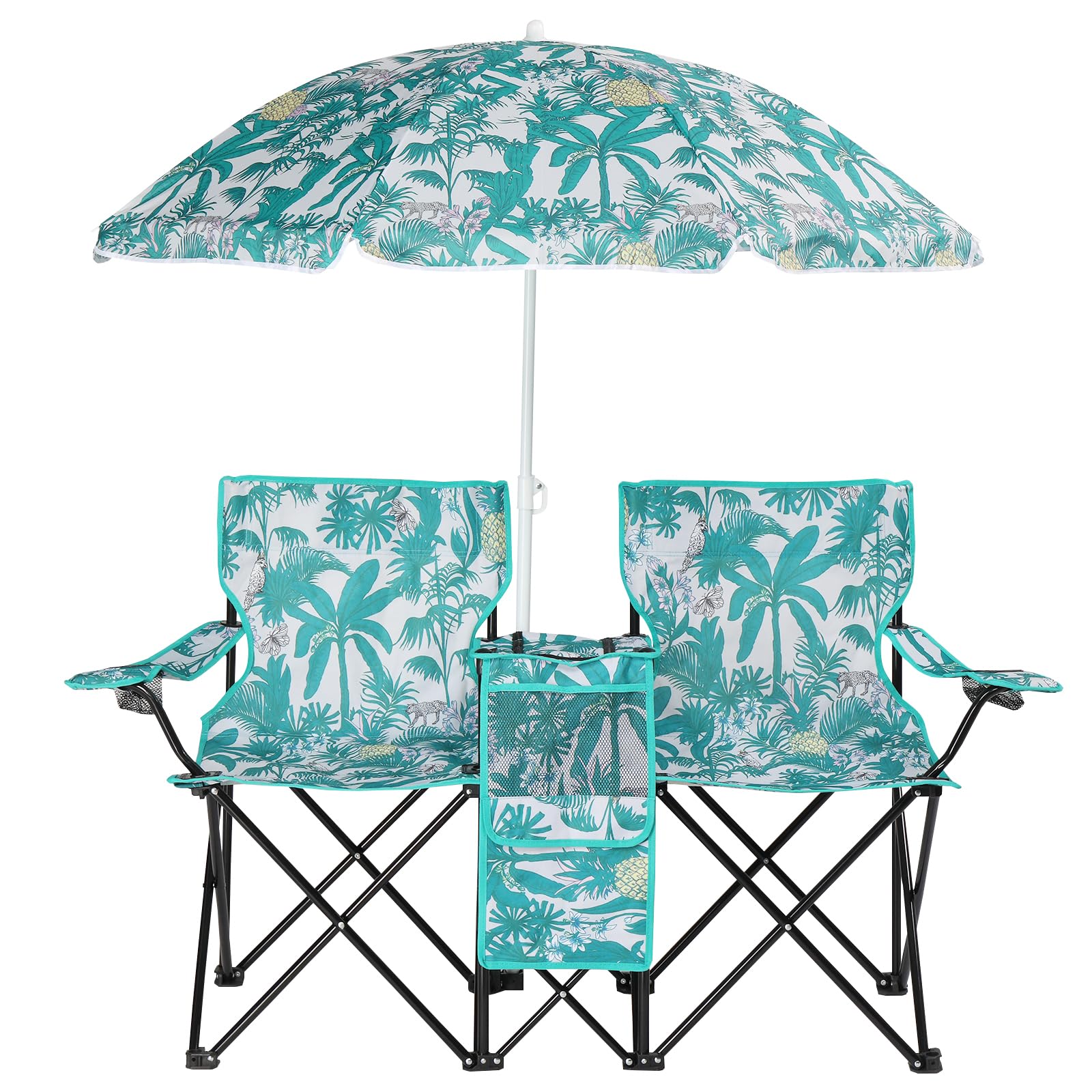 YYANDC double-chair umbrella setup offering shaded seating for two.