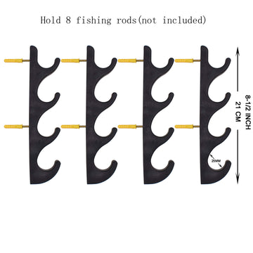 Set of four YYST racks mounted on wall holding eight fishing rods