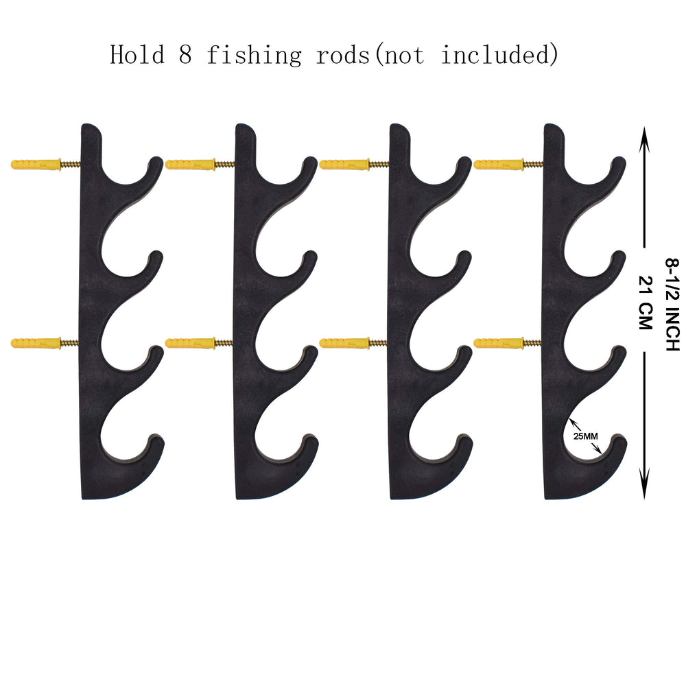 Set of four YYST racks mounted on wall holding eight fishing rods