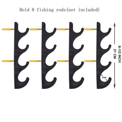 Set of four YYST racks mounted on wall holding eight fishing rods