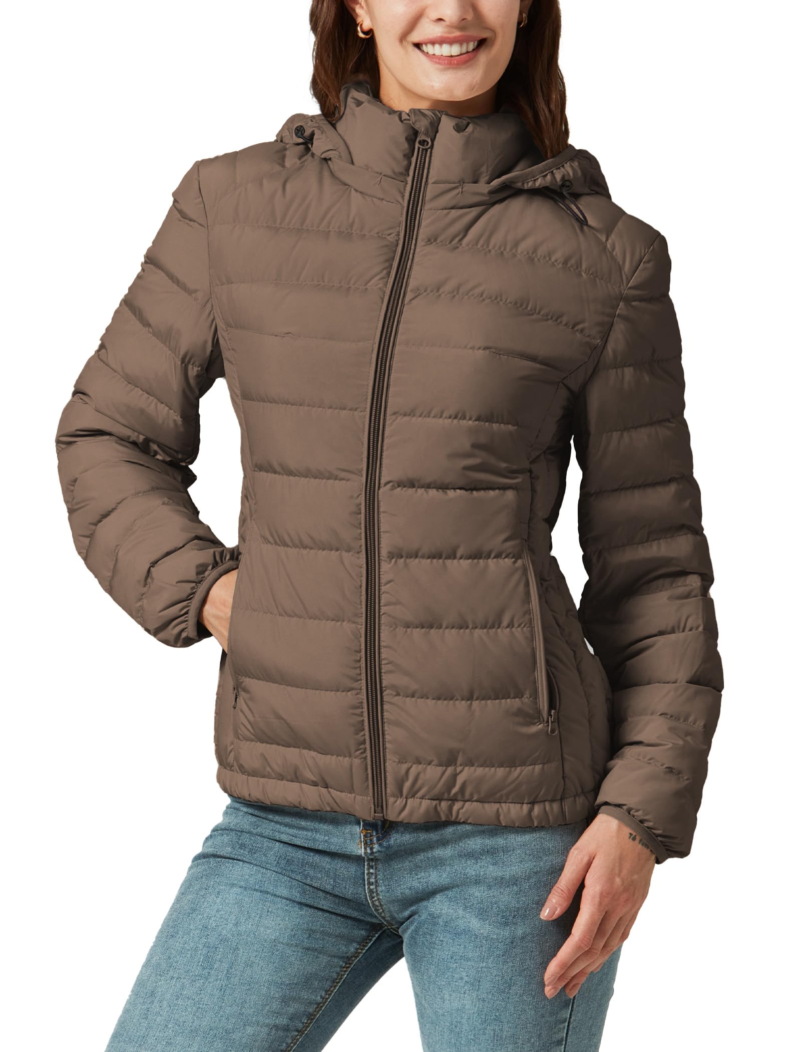 YZG women's down jacket front view shows slim silhouette and warmth