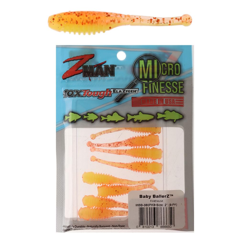 Z-Man Baby BallerZ 2in Firetreuse 8-pack showing natural minnow profile for panfish.