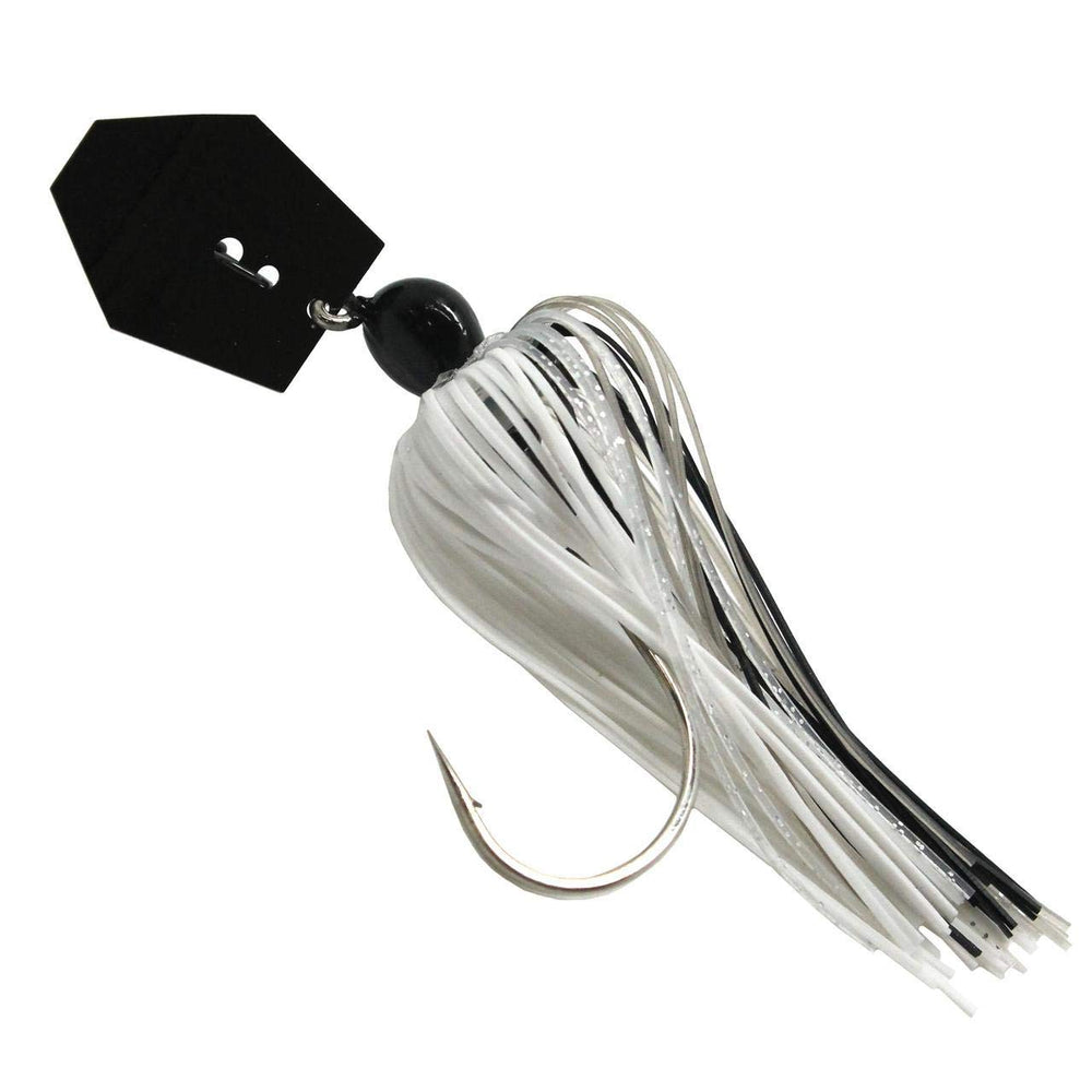 Z-Man ChatterBait 3/8 oz Black Shad close-up highlighting hex blade flash and trailer-ready design.